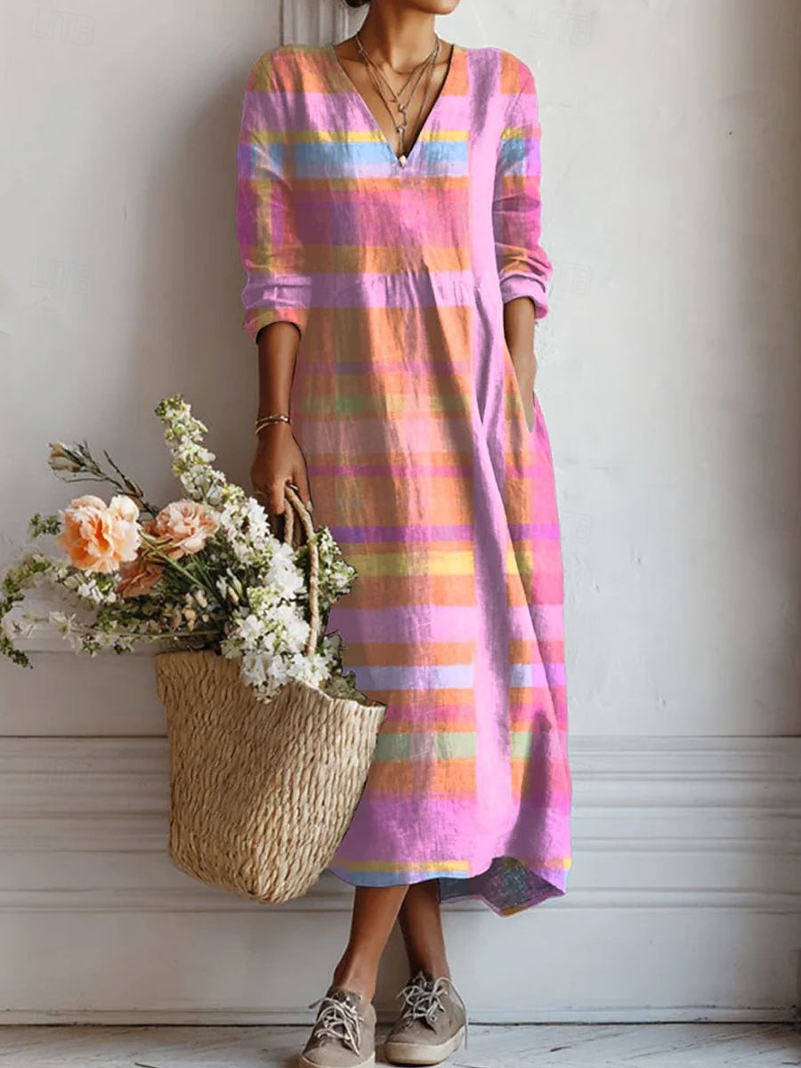 Women's classic pink V-neck comfort dress with pockets. Relaxed fit, perfect for casual everyday wear, spring & summer.