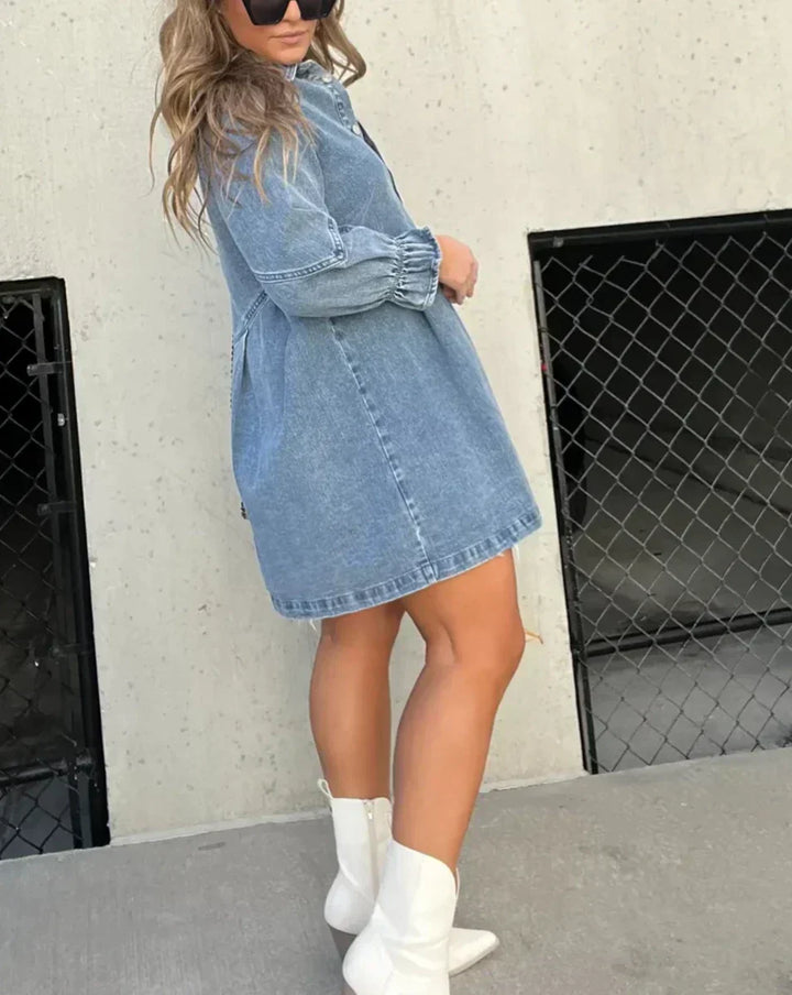 Classic blue denim mini dress, button-down style, a must-have for summer casual wear.