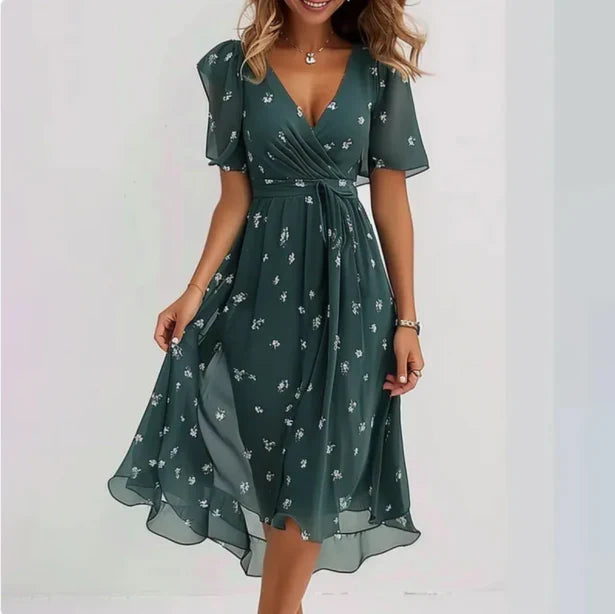 Elegant women's V-neck short sleeve midi dress. Flowy & comfortable for summer fashion.