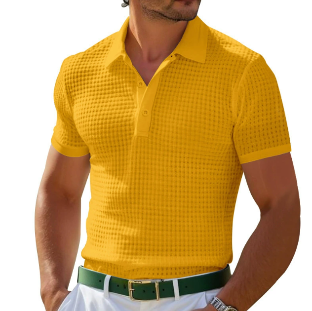 Blue men's short sleeve polo shirt, offering a classic vintage style and a comfortable, tailored fit. Elegant.