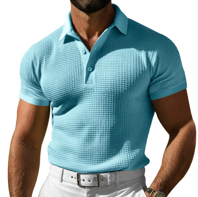 White men's premium polo shirt with elegant vintage style and a tailored, comfortable fit. Short sleeve.