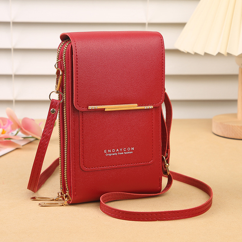 Women's compact PU leather crossbody bag with clear touchscreen phone holder, perfect for daily use & travel.