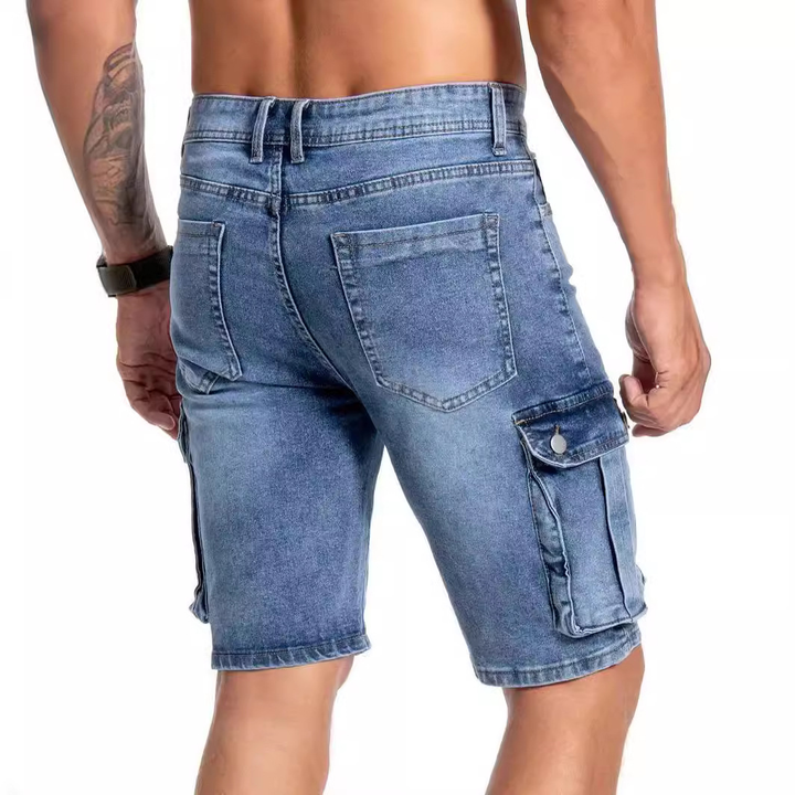 Rugged men's multi-pocket denim shorts, ideal for everyday wear. Durable, comfortable, and practical knee-length style.