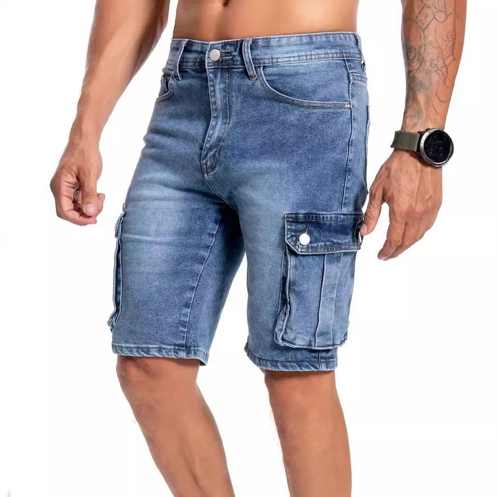 Men's multi-pocket denim shorts for active comfort. Practical knee-length utility shorts with rugged style.