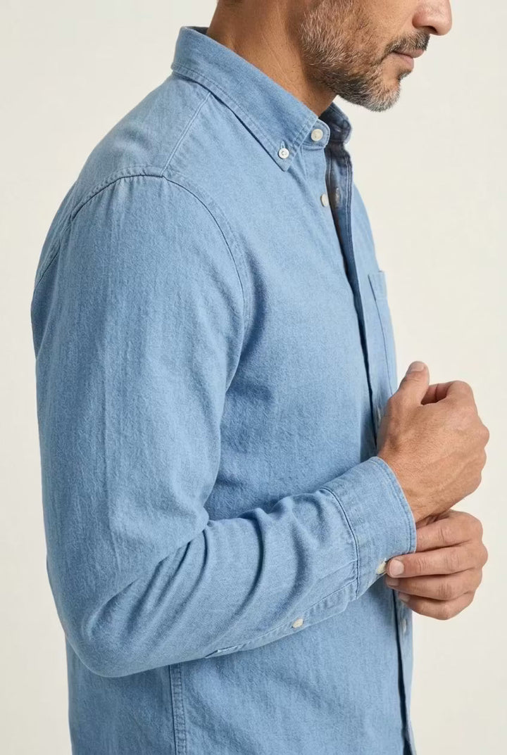 Versatile men's relaxed fit chambray shirt. Long sleeve button-up, perfect for smart casual & everyday.