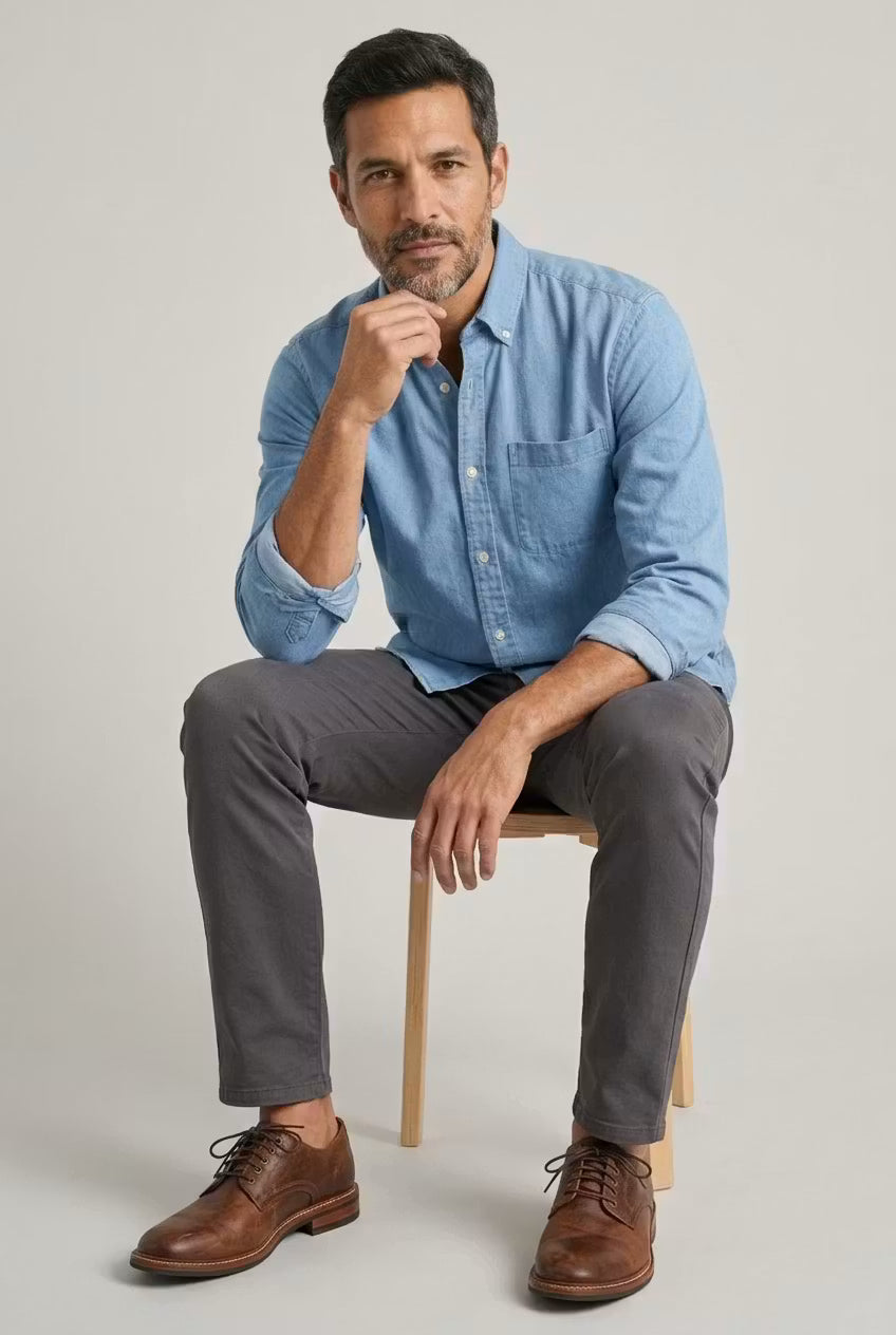 Effortless men's relaxed fit chambray shirt. Versatile long sleeve button-up for everyday casual wear.
