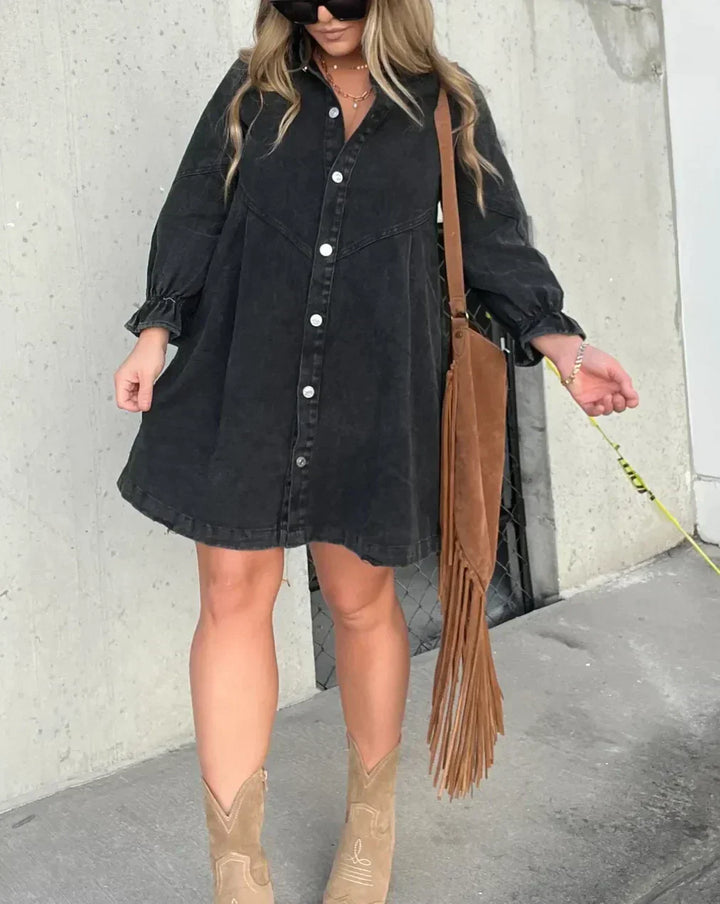 Stylish button-down mini dress for women, in denim, perfect for a cool casual aesthetic.