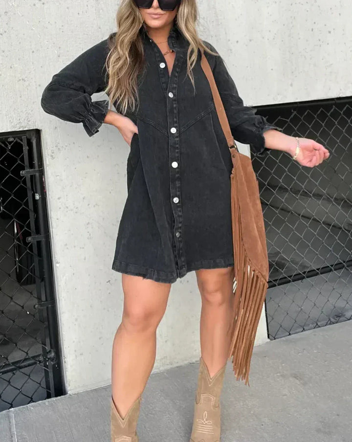 Comfortable black button-down denim mini dress, designed for chic and effortless summer outfits.
