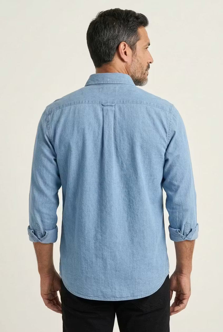 Men's casual long sleeve chambray shirt, relaxed fit. Ideal button-up for comfortable, versatile styling.