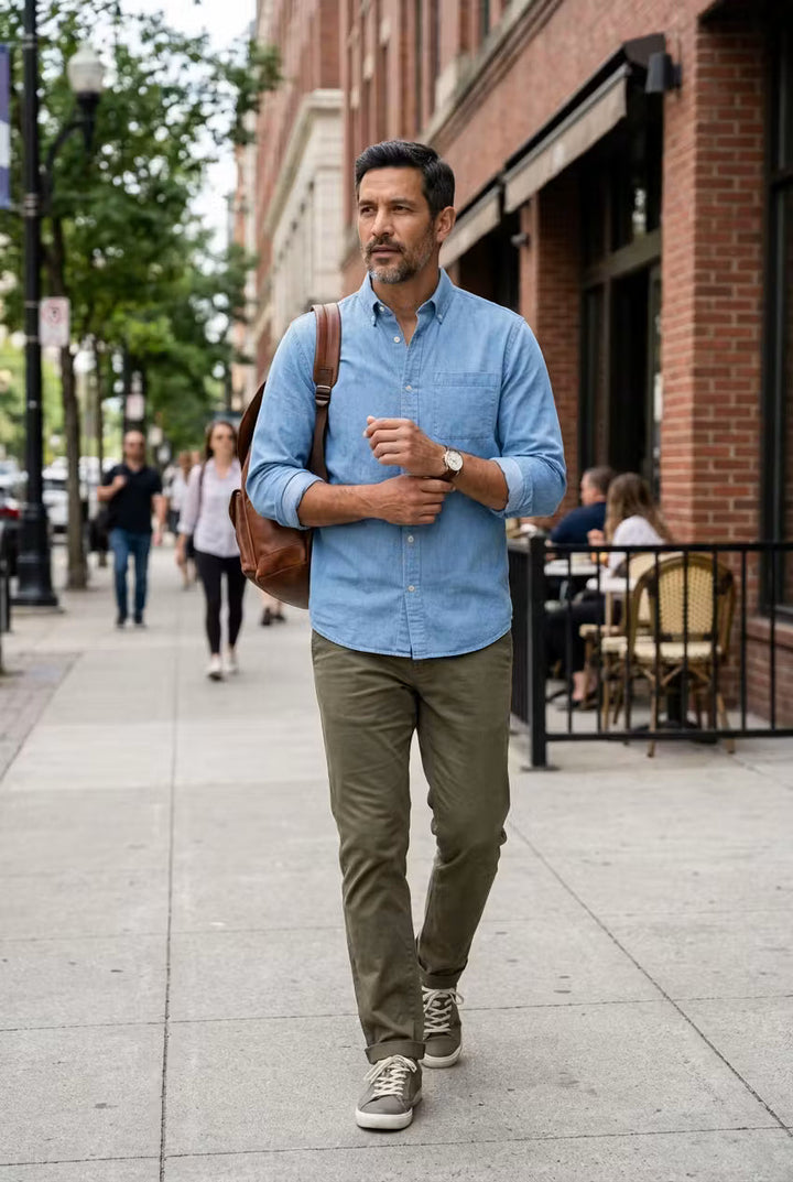 Men's chambray shirt: relaxed fit, long sleeve button-up. Perfect for casual comfort and smart style.