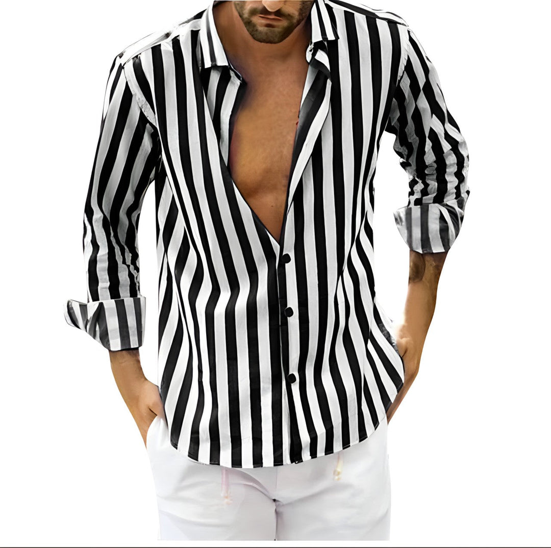 Effortless men's striped shirt, ideal for summer style, offering all-day comfort & versatile wear.