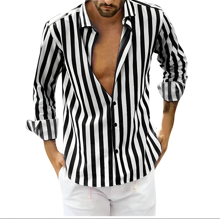 Effortless men's striped shirt, ideal for summer style, offering all-day comfort & versatile wear.