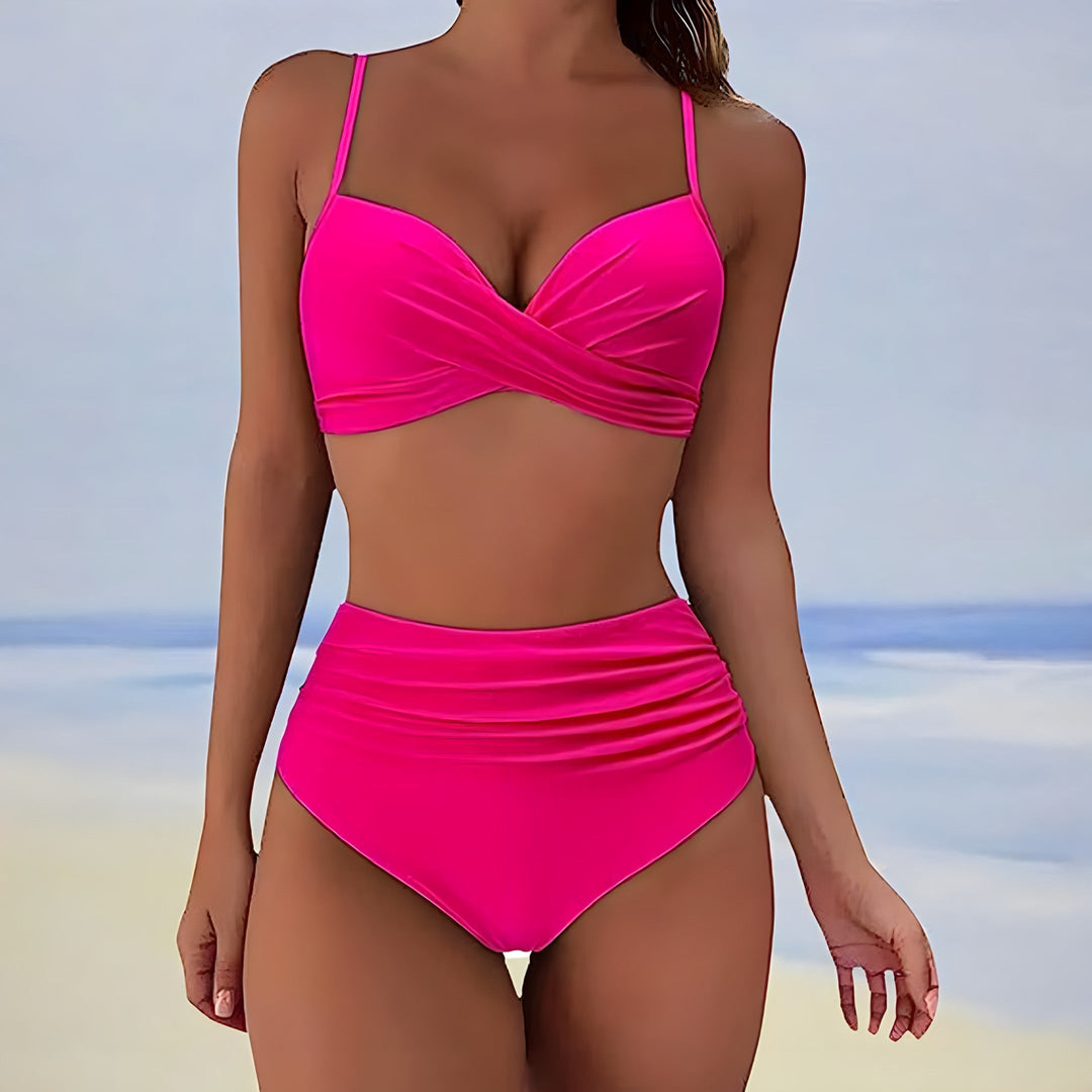 Women's summer beachwear: high waisted bikini set with a trendy twist front top for comfort.