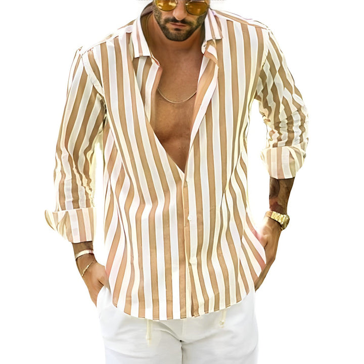 Stylish men's striped summer shirt, great for vacation or warm weather casual fashion needs.