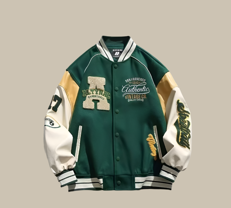 Stylish men's oversized baseball jacket with a vintage feel. Trendy bomber outerwear, ideal for casual men's fashion & street style.