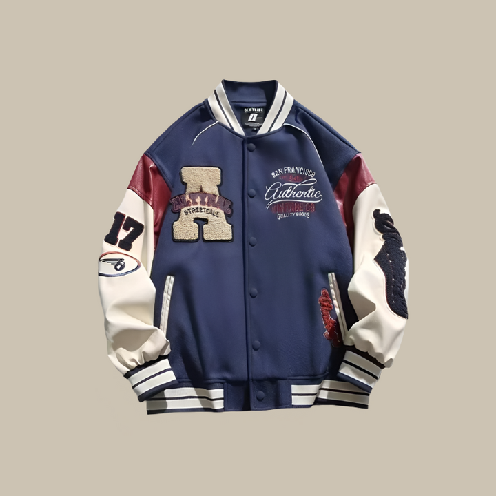 Oversized men's vintage style baseball jacket. Trendy casual outerwear, versatile for everyday fashion & modern streetwear looks.