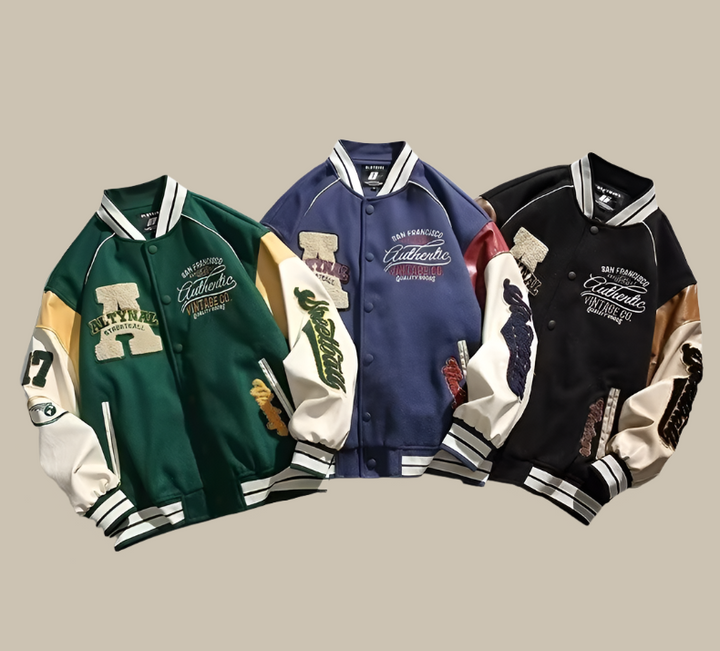 Trendy men's oversized vintage baseball jacket. Stylish streetwear outerwear with a classic look, perfect for casual fashion.