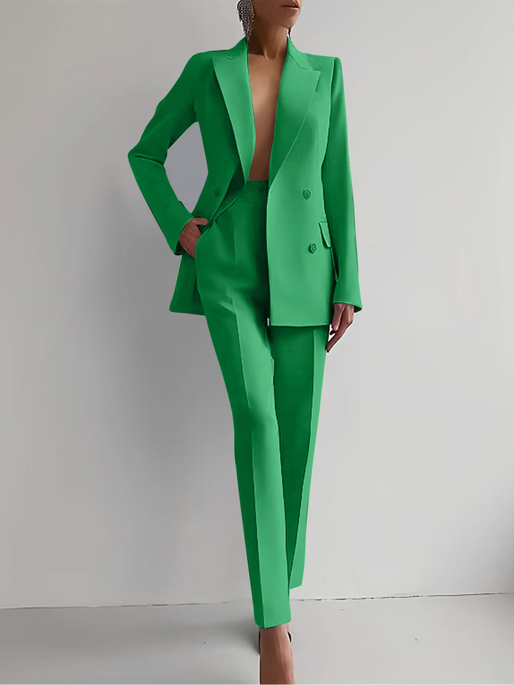 Elegant women's matching set: a casual top and stylish tapered trousers for office or daily wear.