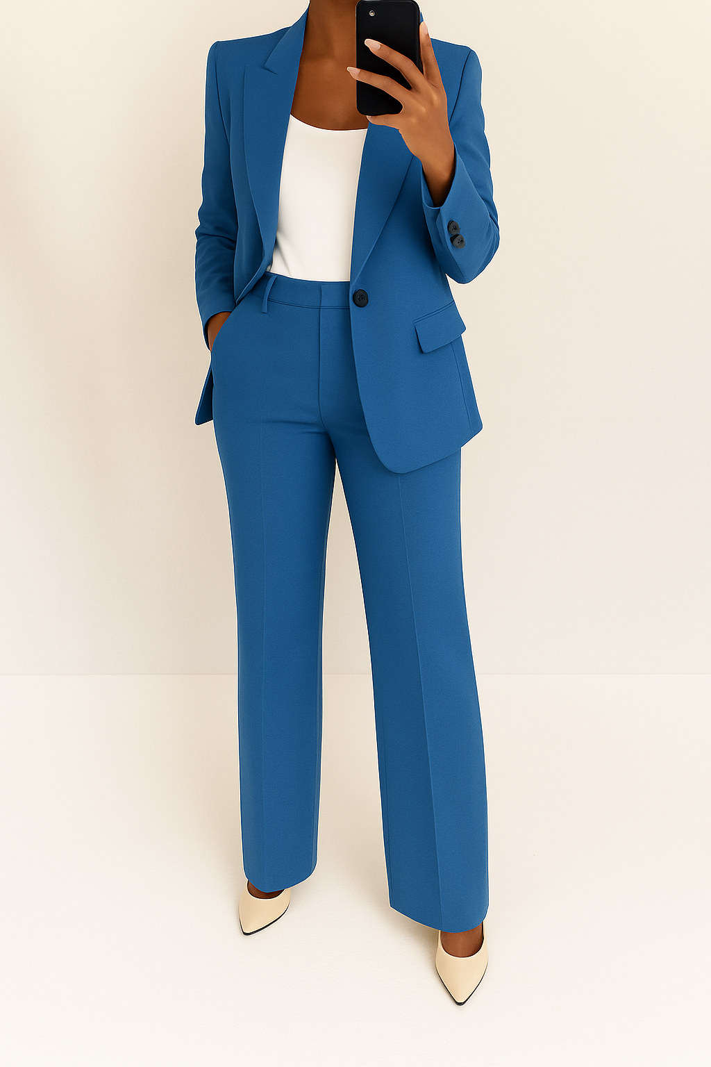 Women's elegant two-piece suit: a professional blazer & straight-leg trousers for sophisticated business attire.