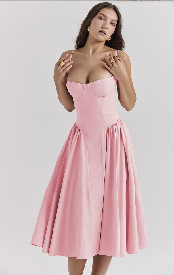 High-fashion women's sleeveless midi dress. Corset detail adds elegance. Perfect for a formal party.