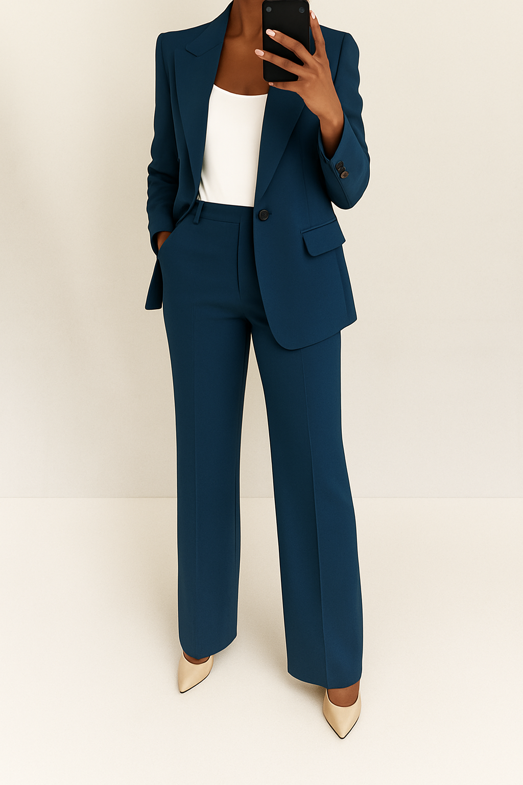Elegant straight-leg trousers for women, part of a two-piece suit, offering a sophisticated and professional coordinated look.