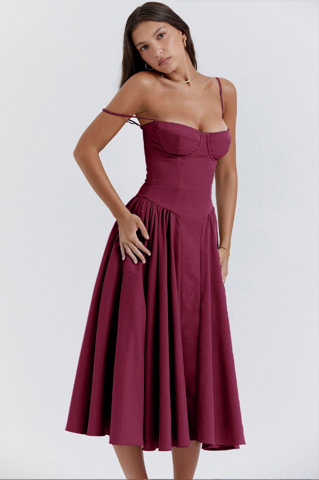 Elegant sleeveless corset midi dress for women. Perfect for parties & galas, ideal wedding guest attire.