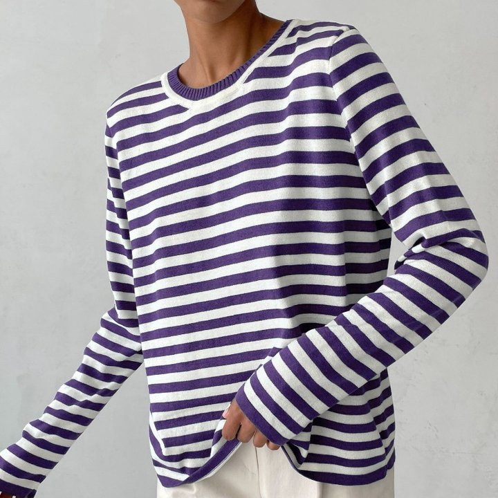 Women's elegant striped t-shirt, soft round neck top, perfect for casual chic and comfortable wear.