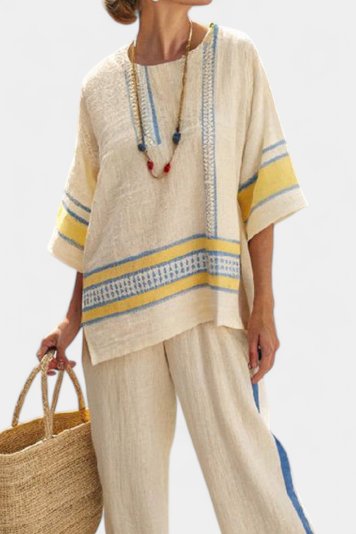Elegant women's blue-yellow embroidered Mediterranean top & wide-leg pants set. Perfect for vacation & resort wear.