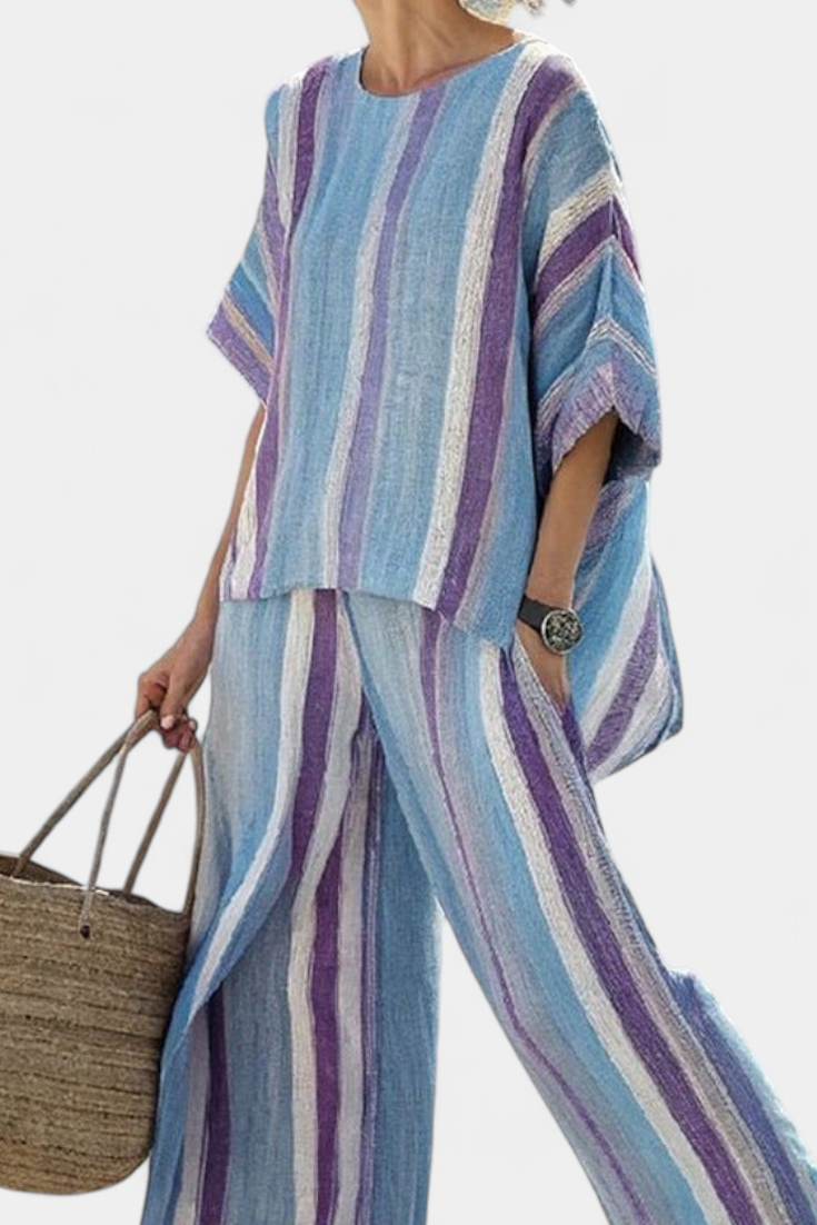 Mauve pastel top & striped wide-leg pants set, perfect for casual elegant spring, resort, or beach wear.