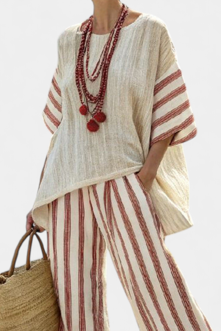 Striped top & wide-leg pants women's set. Relaxed fit, perfect for spring/summer, travel, or a holiday outfit.