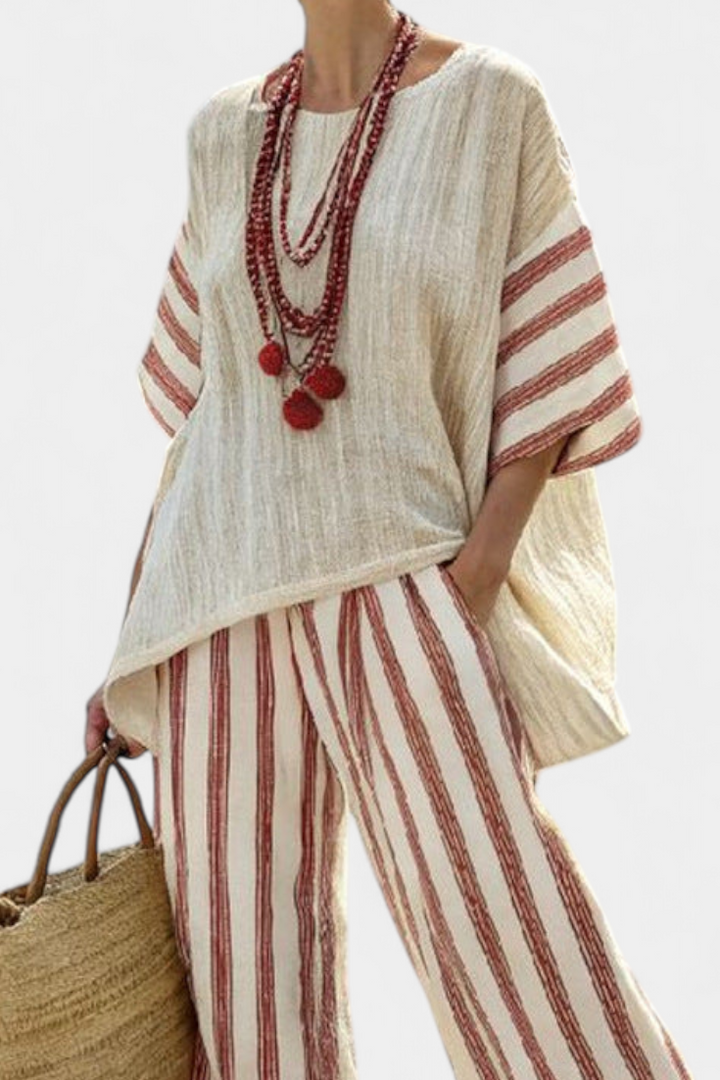 Striped top & wide-leg pants women's set. Relaxed fit, perfect for spring/summer, travel, or a holiday outfit.