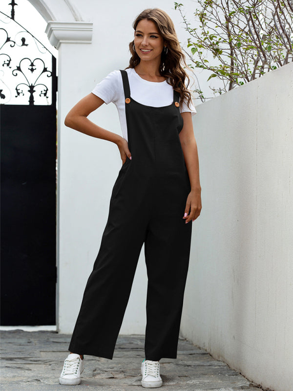 Chic women's retro long overalls with a square neck & side pockets. Effortless vintage look jumpsuit.
