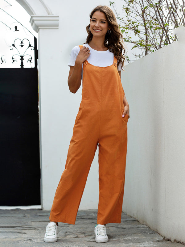 Stylish women's long overalls, square neck design, side pockets. Ideal retro jumpsuit for comfort.
