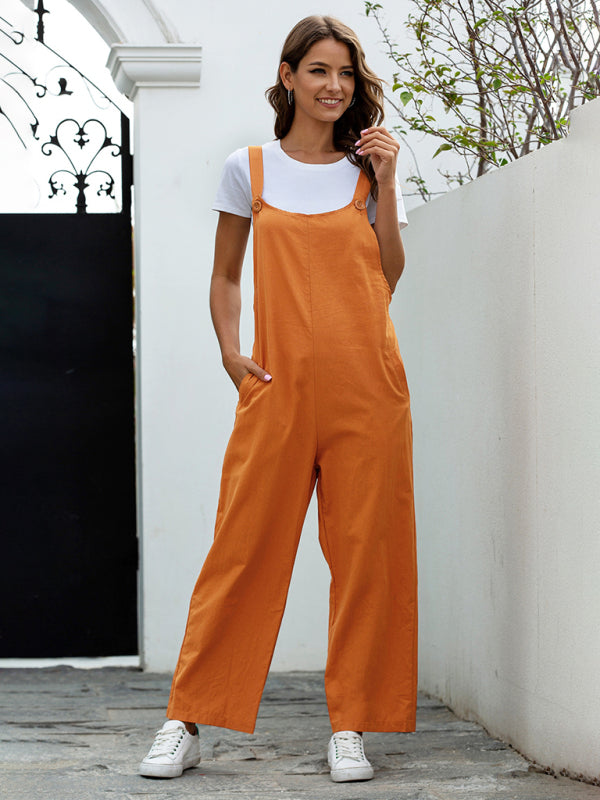 Women's retro long casual overalls, a comfortable square neck jumpsuit for effortless style.