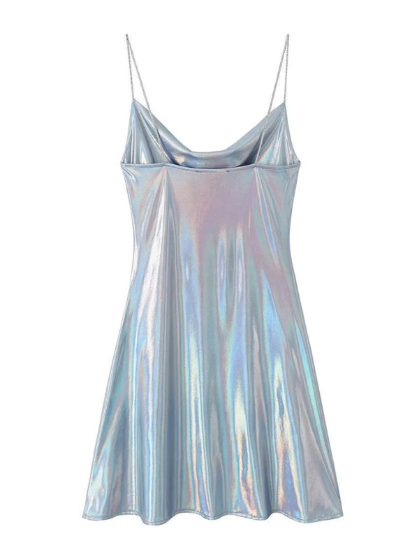 Women's solid color deep back dress with shimmering metallic straps for summer fashion.