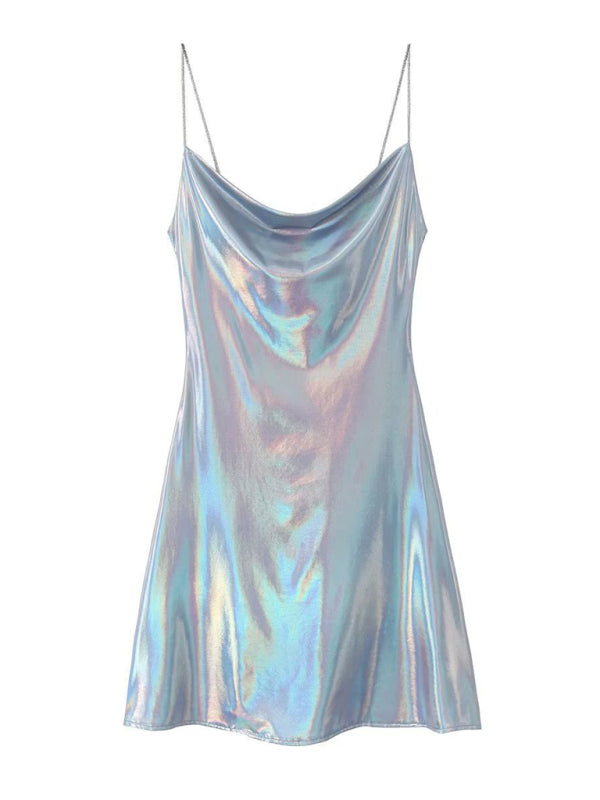 Women's solid deep back dress with metallic straps, a must-have for evening fashion.