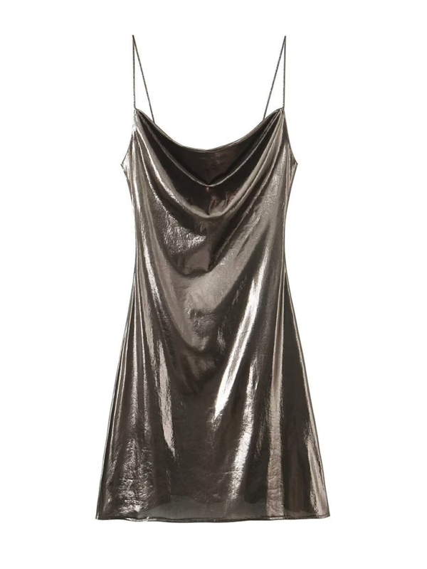 Elegant women's special occasion dress, deep back and subtle metallic strap detailing.