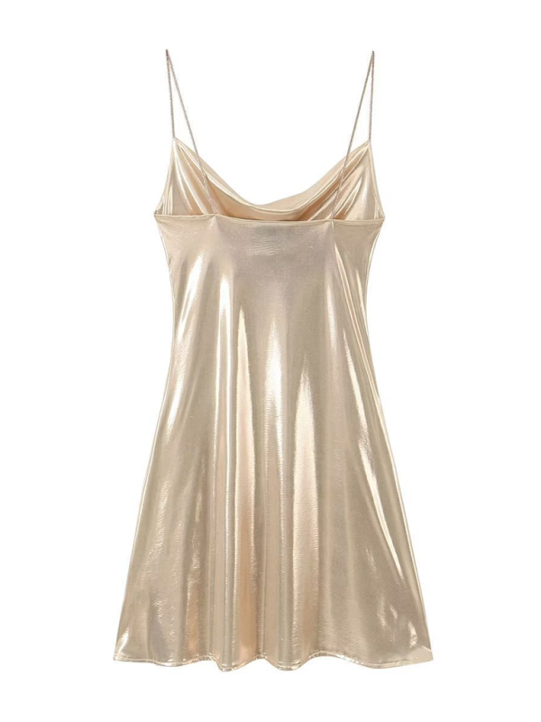 Chic women's party wear, solid color deep back dress with dazzling metallic straps.