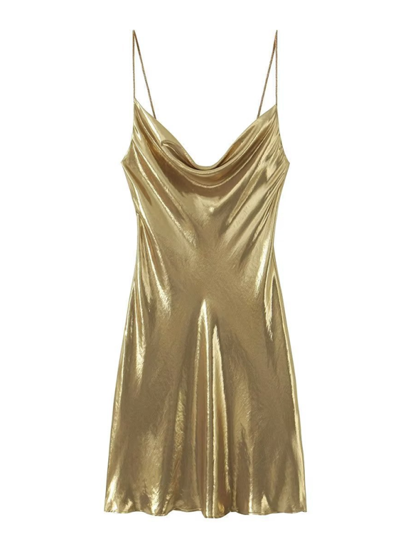 Sleeveless women's deep back dress with metallic straps, ideal for warm weather events.