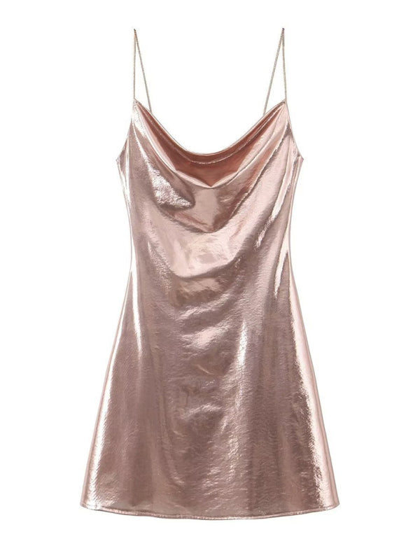 Glamorous women's cocktail dress, deep back cut & metallic spaghetti straps.