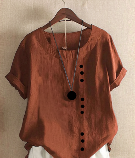 Comfortable women's short sleeve round neck blouse, elegant and versatile for spring/summer fashion.