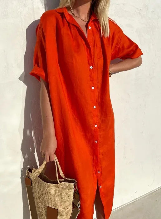 Fashionable women's casual shirt dress, ideal for summer and everyday wear. Comfortable, relaxed fit for chic style.
