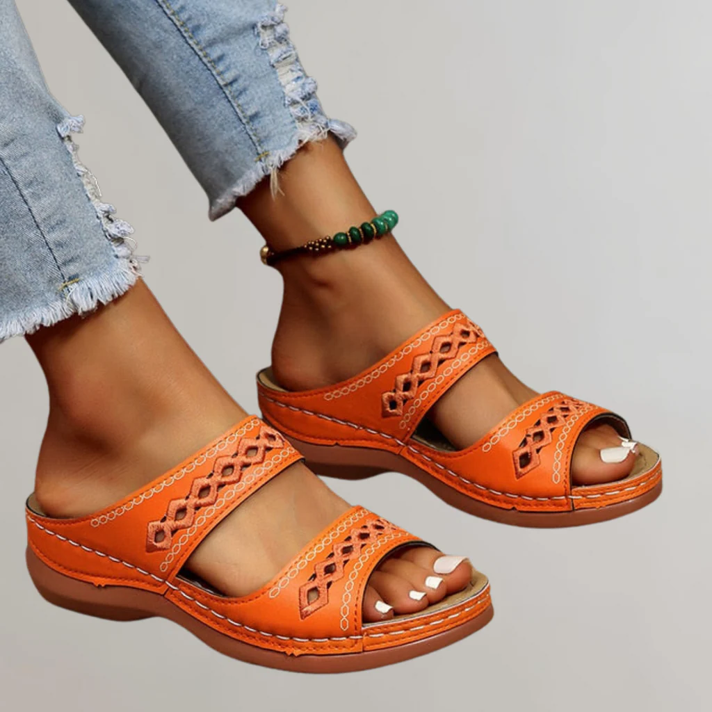 Ergonomic women's walking sandals with superior arch support, designed for comfort & healthy feet during summer.
