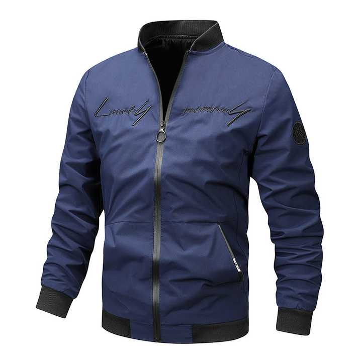 Versatile men's zip-up jacket, a stylish bomber with logo, perfect for modern casual outfits.