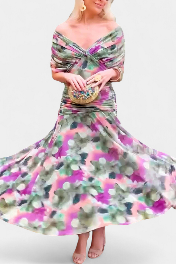 Long flowy floral maxi dress for women, elegant summer style with a V-neck.