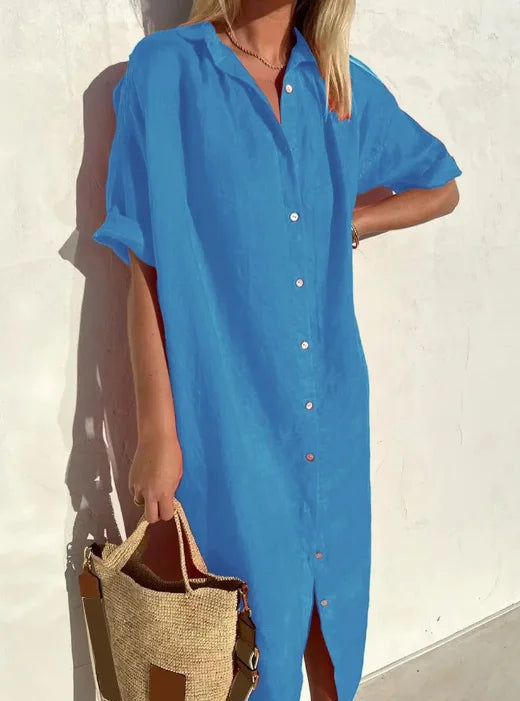 Relaxed fit women's shirt dress, super comfortable for casual everyday style. A versatile and chic summer dress.