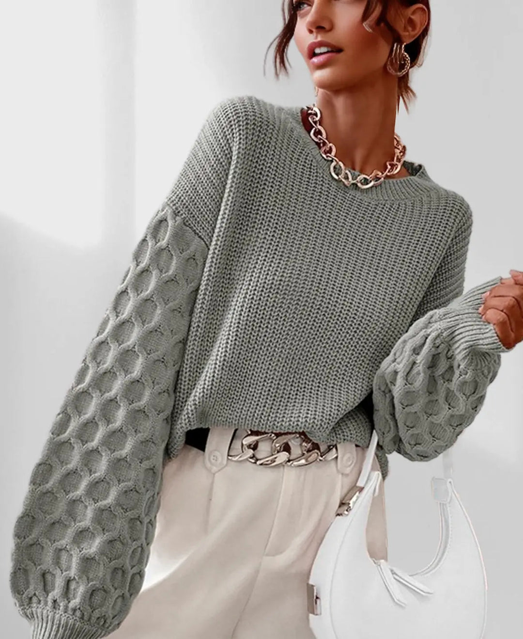 Chic women's spring knit sweater with elegant lantern sleeves. Fashionable & cozy top for women.