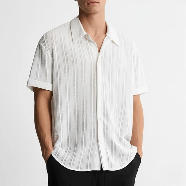 Men's textured vertical stripe polo shirt, perfect for summer casual wear.