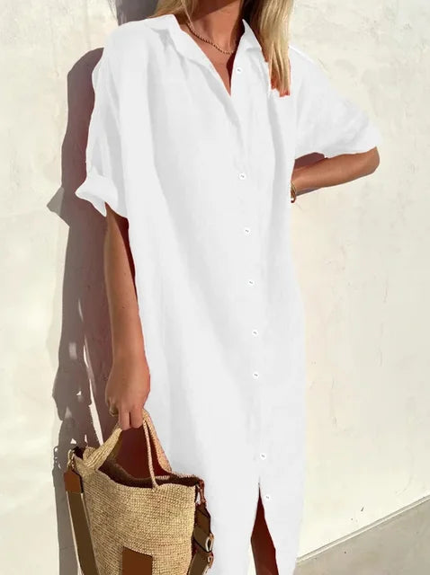 Chic women's shirt dress, perfect for comfortable summer days. Relaxed fit casual style, fashionable for everyday wear.
