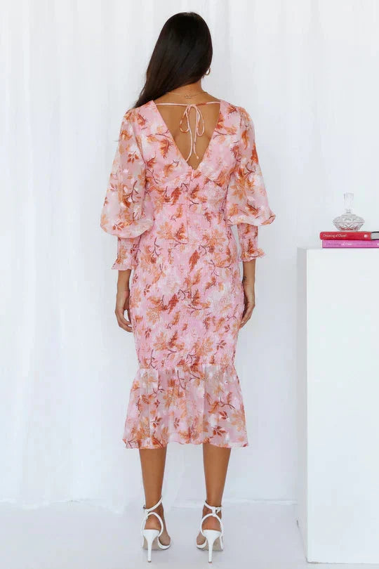 Stylish women's floral puff sleeve midi dress, elegant design for summer wedding guest, spring outfit, occasion wear.